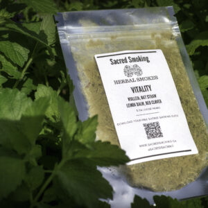pouch of loose herbs in a bush of lemon balm
