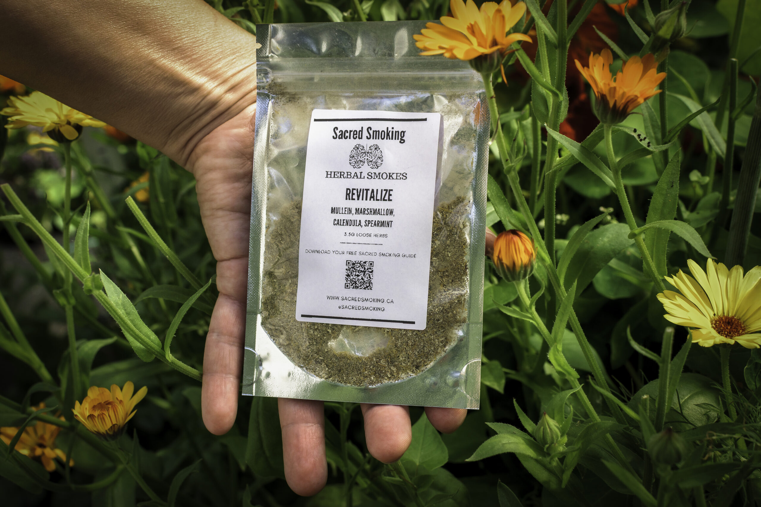 hand holding a pouch of loose herbs in a bush of calendula